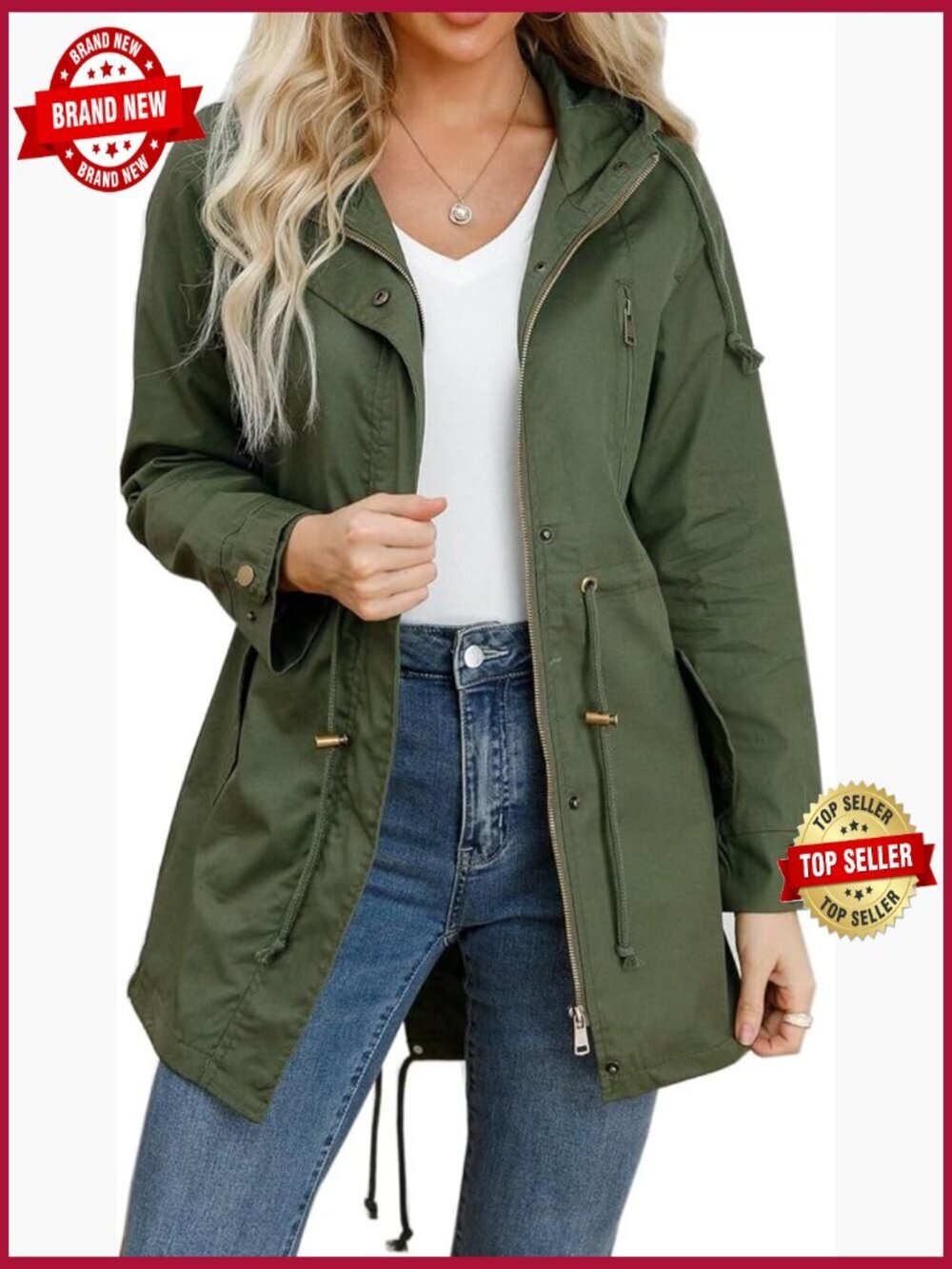 Lightweight Anorak Jacket with Hood Zip Up Utility Pockets Drawstring Waist